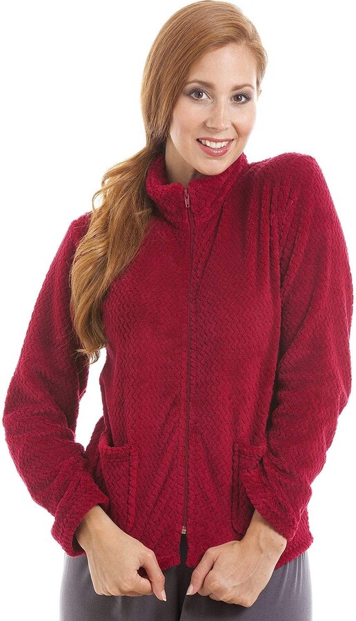 Camille Womens Zip Front Soft Textured Fleece Bed Jackets 1820 Red