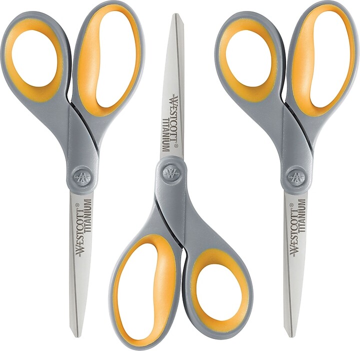 Westcott Titanium Bonded 8" Titanium Multi-Purpose/Heavy Duty Scissor, Pointed Tip, Gray/Yellow, 3/Pack (17532)