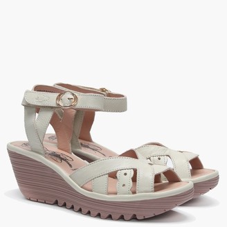 Fly London Yrat Off White Leather Wedge Sandals