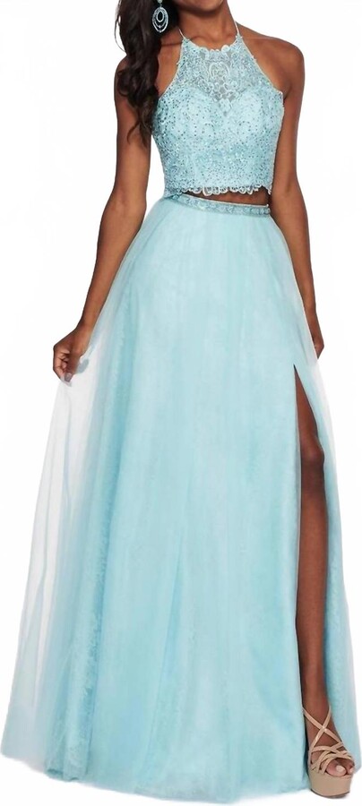 RACHEL ALLAN Embroidered Lace Tulle Two-Piece Prom Dress In Mint Blue