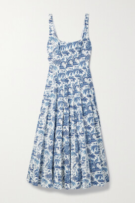STAUD Wells Pleated Printed Stretch-cotton Poplin Midi Dress - Blue
