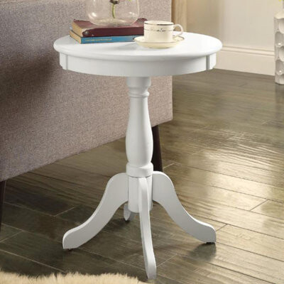 White Cottage Style Round Pedestal Accent Table, Solid Wood Legs, Wooden Apron, 18x18 Dimensions, 8 Lbs Finish, - Aesthetic, Top, 4 Leg Base,