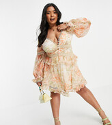 Thumbnail for your product : ASOS Curve DESIGN Curve lace insert mini dress with button detail in garden floral