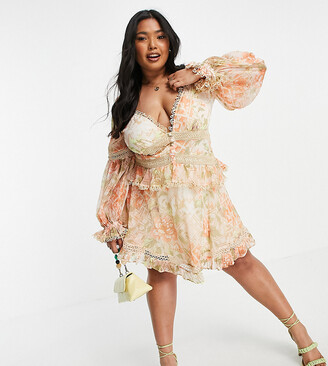 ASOS Curve DESIGN Curve lace insert mini dress with button detail in garden floral