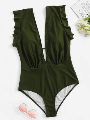 Shein Plus Ruffle Ruched Plunge One Piece Swimsuit