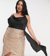 Thumbnail for your product : Jaded Rose Plus 2-in-1 satin drape cowl neck sequin skirt mini dress in rose gold