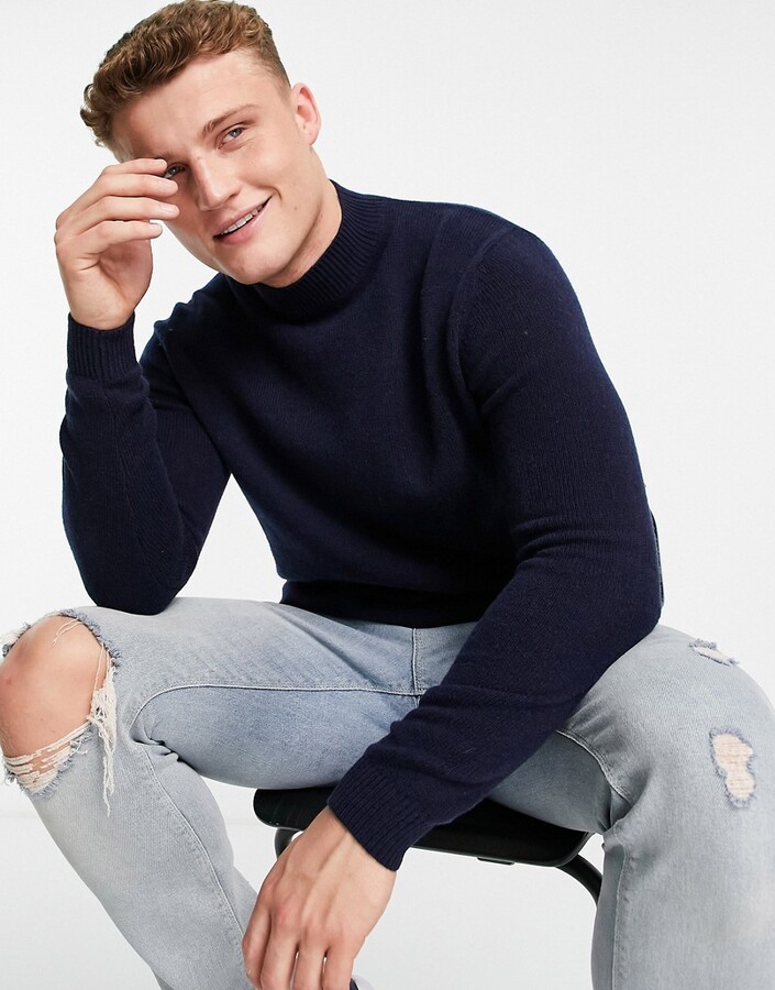 ASOS DESIGN lambswool turtle neck sweater in navy - ShopStyle