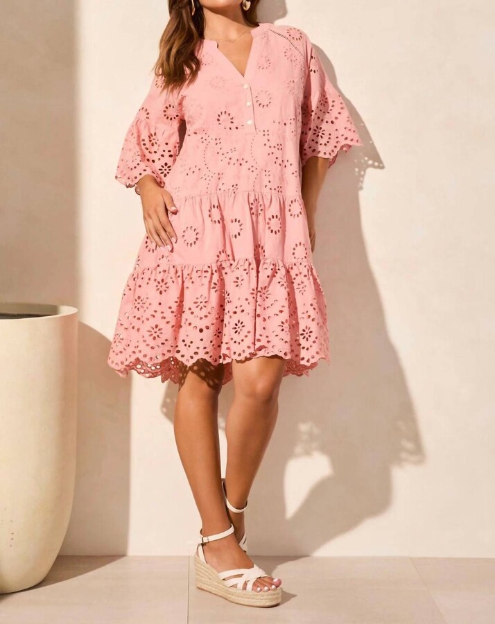 Cotton Eyelet Ruffle Short Sleeve Tiered Dress In Shellpink