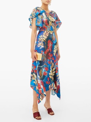 Peter Pilotto Cape-sleeve Floral-print Silk Midi Dress - Blue Multi