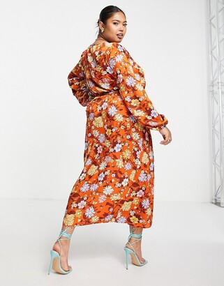 ASOS Curve ASOS DESIGN Curve satin wrap maxi dress in 70s floral print