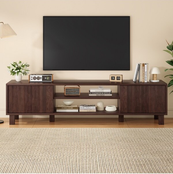 JVNOXK63-inchModernEntertainmentCenterTVStandAccommodatesTVsupto70inchesFeaturesopenshelvingwithstoragespaceIdealforlivingrooms