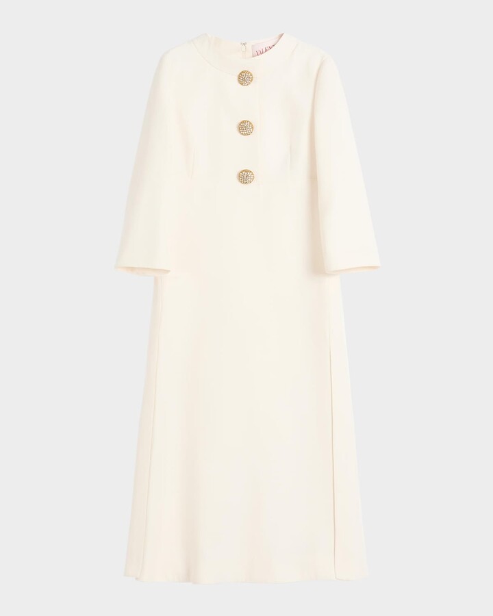 Valentino Garavani Quarter-Sleeve Brooch Wool Midi Dress