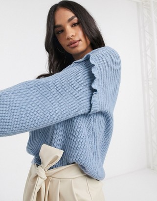 Vila stitch detail jumper with ruffle detail in blue
