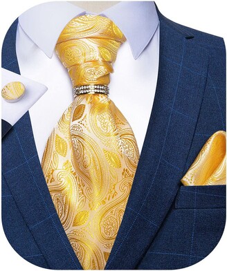 DiBanGu Paisley Cravat for Men 4 PCS Woven Ascot Tie Pocket Square Cufflinks with Tie Ring Set 