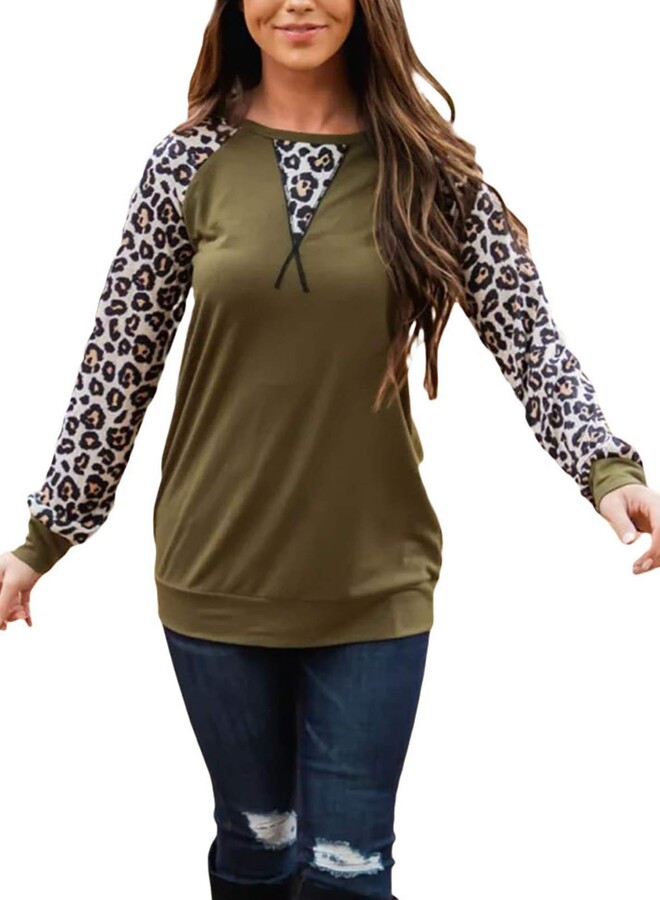 SLIMMING GRIL Women's Long Sleeve Leopard Tunic Tops Color Block Comfy T Shirts 