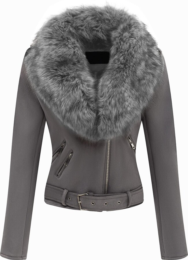 Bellivera Women Faux Suede Leather Jacket Moto Biker Fleece-Lined Coat with  Removable Fur Collar 8830 Gray XL - ShopStyle