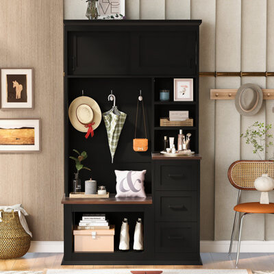 Modern Entryway Bench with Coat Rack, 3 Shelves and Drawers, 3 Sturdy Hooks, 40.2'' Wide Hall Tree with Storage Bench for Hallway, Entryway, Living Ro