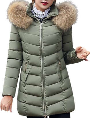 TIMEMEAN Long Length Padded Jacket Winter Puffer Coat with Fur Hood Army  Green XL - ShopStyle