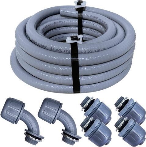 Heightele Sealproof 3/4-Inch Non-metallic Liquid-Tight Conduit and Connector Kit, 25 Foot Made in USA Flexible Electrical Conduit Type B with 4 Straight and...