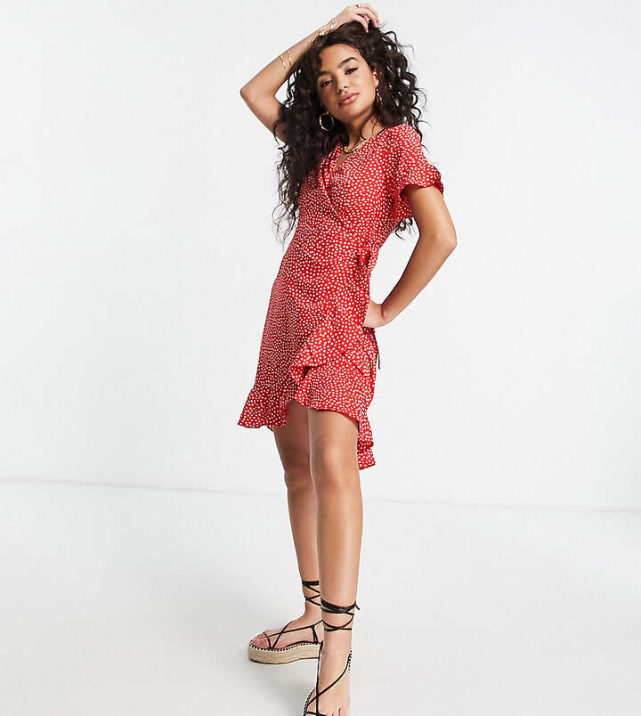 Vero Moda Petite wrap mini dress in red and white spot - ShopStyle