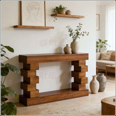 Latitude Run Geometric Block Stacked Wood Console Table with Warm Natural Finish Perfect for Modern and Artistic Interiors