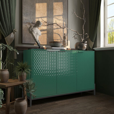 Stylish 3-Door White High Gloss Sideboard With Striped Design And Gold Handles, For Bedroom, Living Room Or Study Functional Cabinet Powder Coated Met