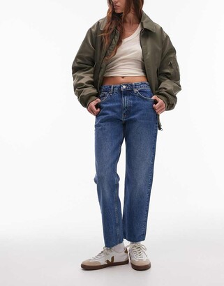 Topshop cropped mid rise straight jeans with raw hems in mid blue