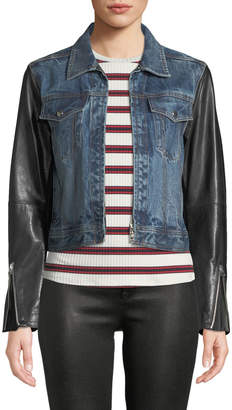 Nico Zip-Front Denim Jacket with Leather Sleeves