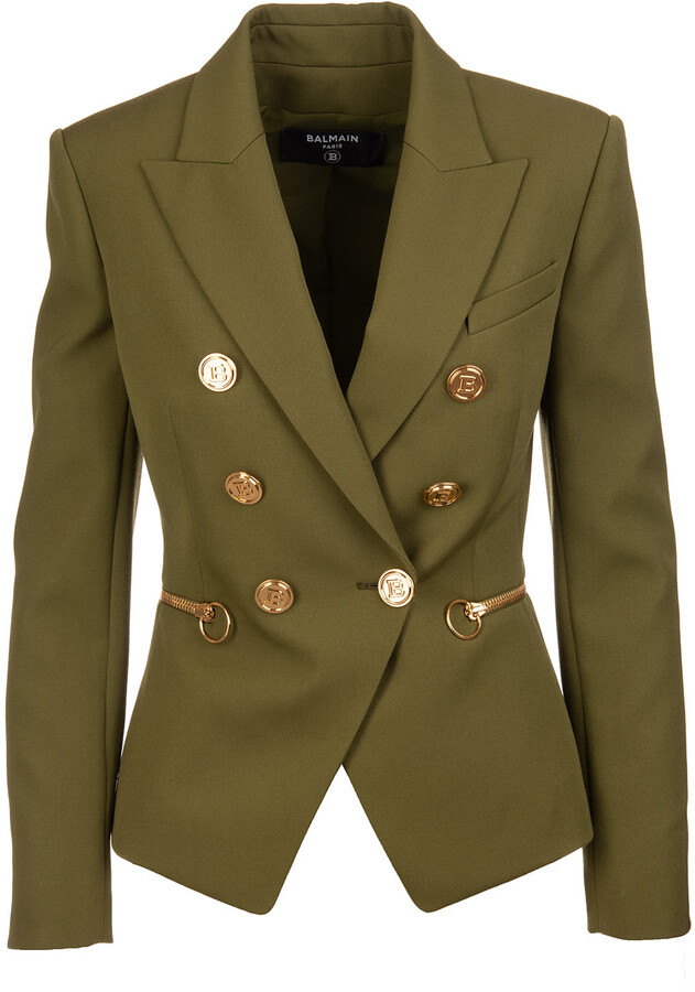 Balmain Woman Double-breasted Olive Green Wool Blazer With Zip And Buttons  - ShopStyle