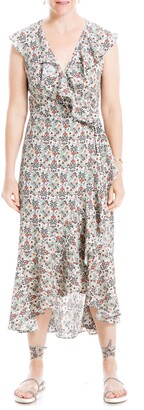 max studio patterned ruffle wrap midi dress