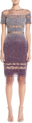 Pamella Roland Short-Sleeve Ombre Sequined Cocktail Dress