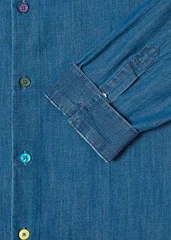 Paul Smith Men's Tailored-Fit Mid-Wash Denim Shirt With Multi-Colour Button Placket