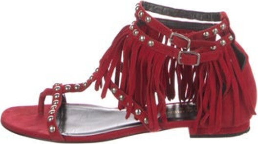 Saint Laurent Suede T-Strap Sandals Red Fringe & Studded Accents Wrap-Around Straps & Buckle Closure at Ankles Includes Dust Bag