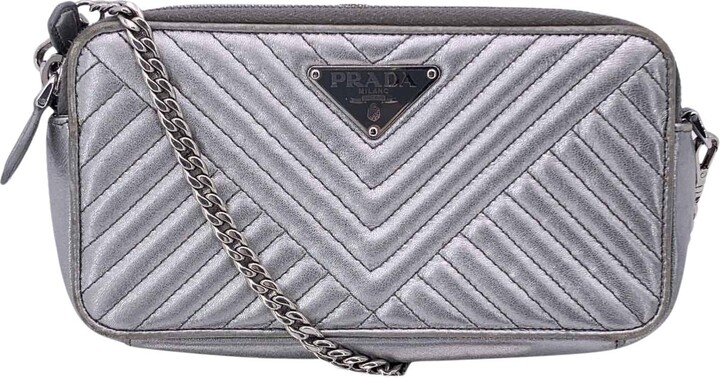 Prada Silver Metal Quilted Leather Diagramme Wallet On Chain Bag