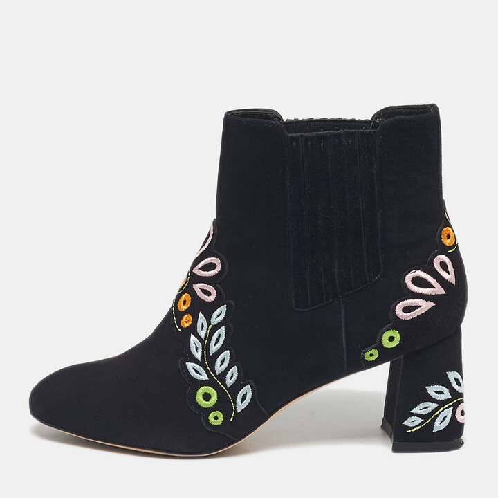 Sophia Webster Black Embroidered Suede Liliana Ankle Length Boots Size 37