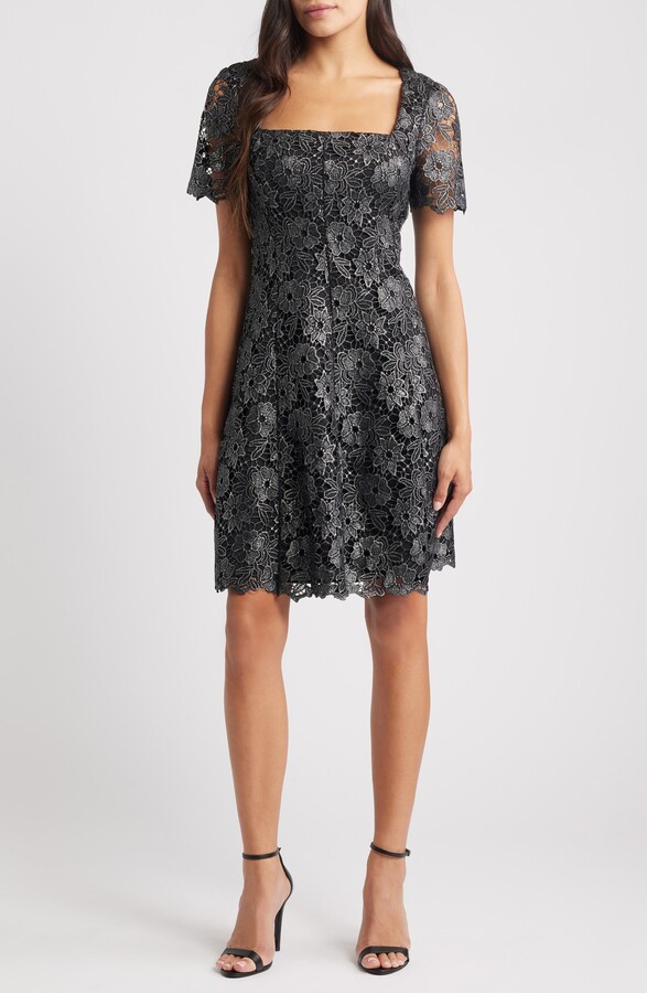 Eliza J Floral Lace Short Sleeve Fit & Flare Dress