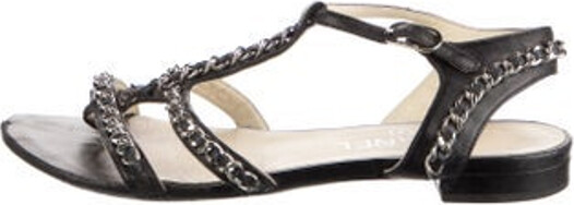 Chanel Leather T-Strap Sandals By Karl Lagerfeld Black & Silver Interlocking CC Logo Multistrap & Peg-In-Hole Closure at Sides Designer