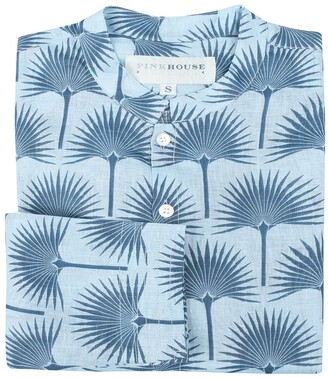 Pink House Mustique - Men's Collarless Linen Shirt in Fan Palm Navy and ...