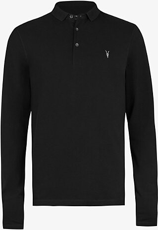 AllSaints Mens Black Reform Logo-Embroidered Long-Sleeve Cotton Polo S