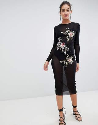 Glamorous mesh midi dress with floral embroidery