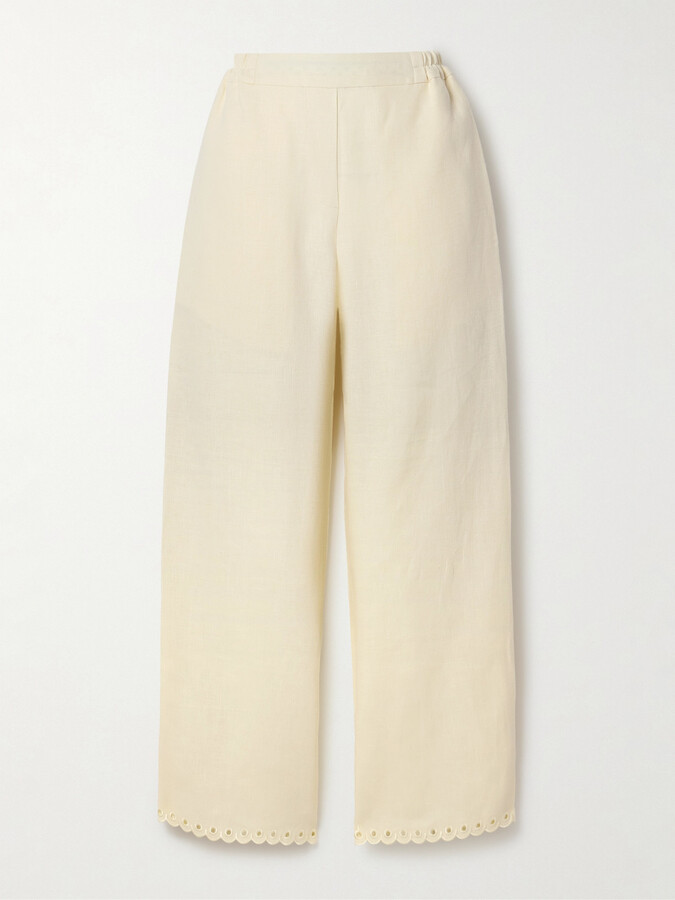 SLEEPER - Sofia Broderie Anglaise-trimmed Linen Pajama Pants - White