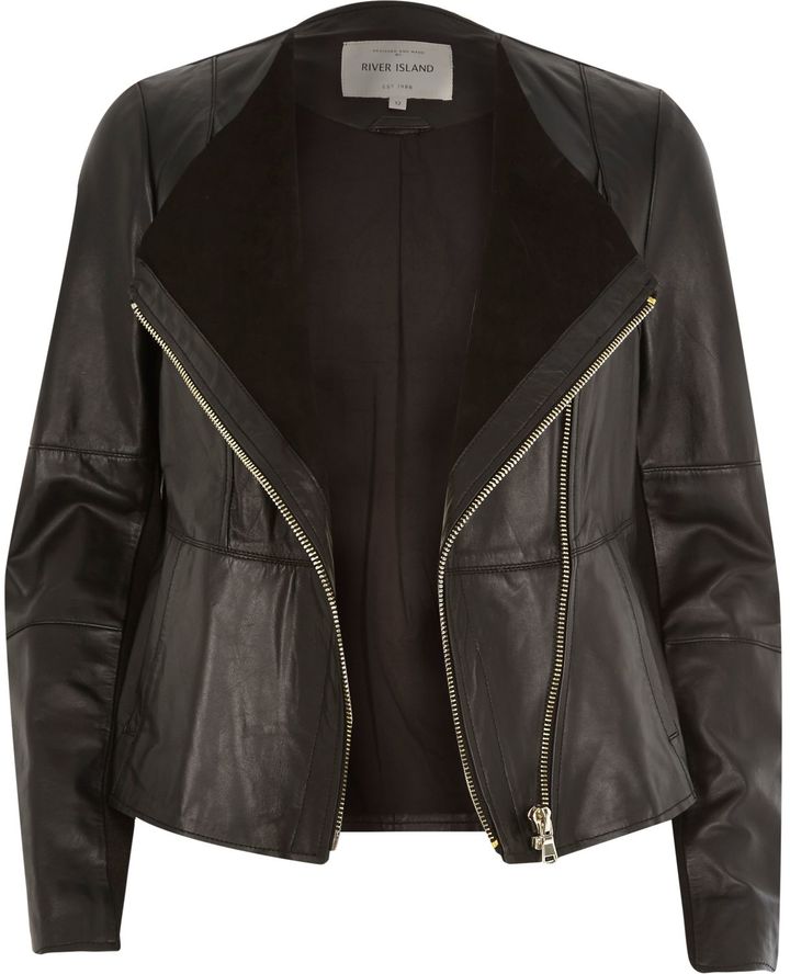 River Island Womens Black leather collarless biker jacket ShopStyle