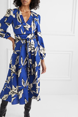 Veronica Beard Mclean Belted Wrap-effect Printed Silk-blend Jacquard Midi Dress - Royal blue