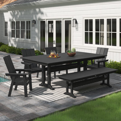 Polywood Modern Curveback Adirondack 6-Piece Farmhouse Dining Set with Trestle Legs and Bench