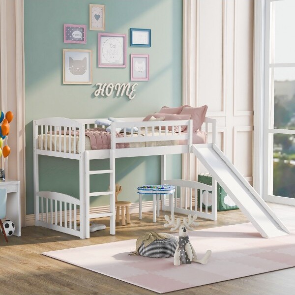 YIDA NATURAL TwinSizeLoftBedwithSlideandLadder