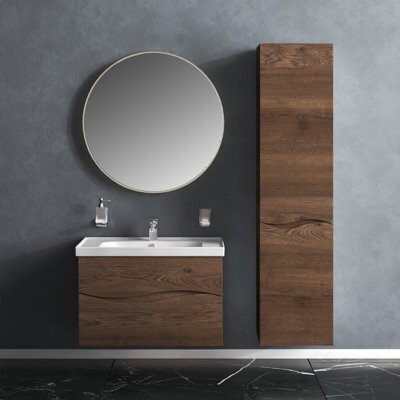 Millwood Pines Davontre Modern Wall Mounted Bathroom Vanity With Washbasin | Wave Rosewood Collection With Side Vanity Cabinet | Non Toxic Fire Resistant MDF 44\