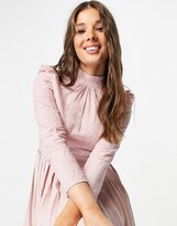 Thumbnail for your product : Little Mistress high neck frill shoulder pleated midi dress in dusty mink