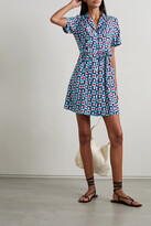 Thumbnail for your product : HVN Maria Belted Printed Silk Crepe De Chine Mini Shirt Dress - Blue