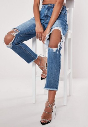 Missguided Blue High Rise Open Ripped Knee Mom Jeans - ShopStyle