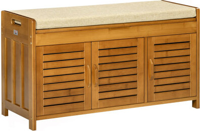 Shoe Bench With Storage Cabinets, Bamboo Entryway Bench With Seating Cushion, 3 Doors And Hidden Compartment For Hallway, Brown